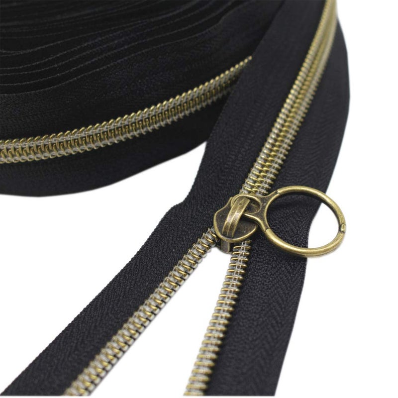 YaHoGa #5 Antique Brass Metallic Nylon Coil Zippers by The Yard Bulk Black Tape 10 Yards with 20pcs Sliders for DIY Sewing Tailor Craft Bag (Anti-Brass Black) - Image 1